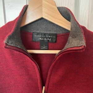 Men’s Harold Powell zip neck 100% Merino wool sweater, deep red